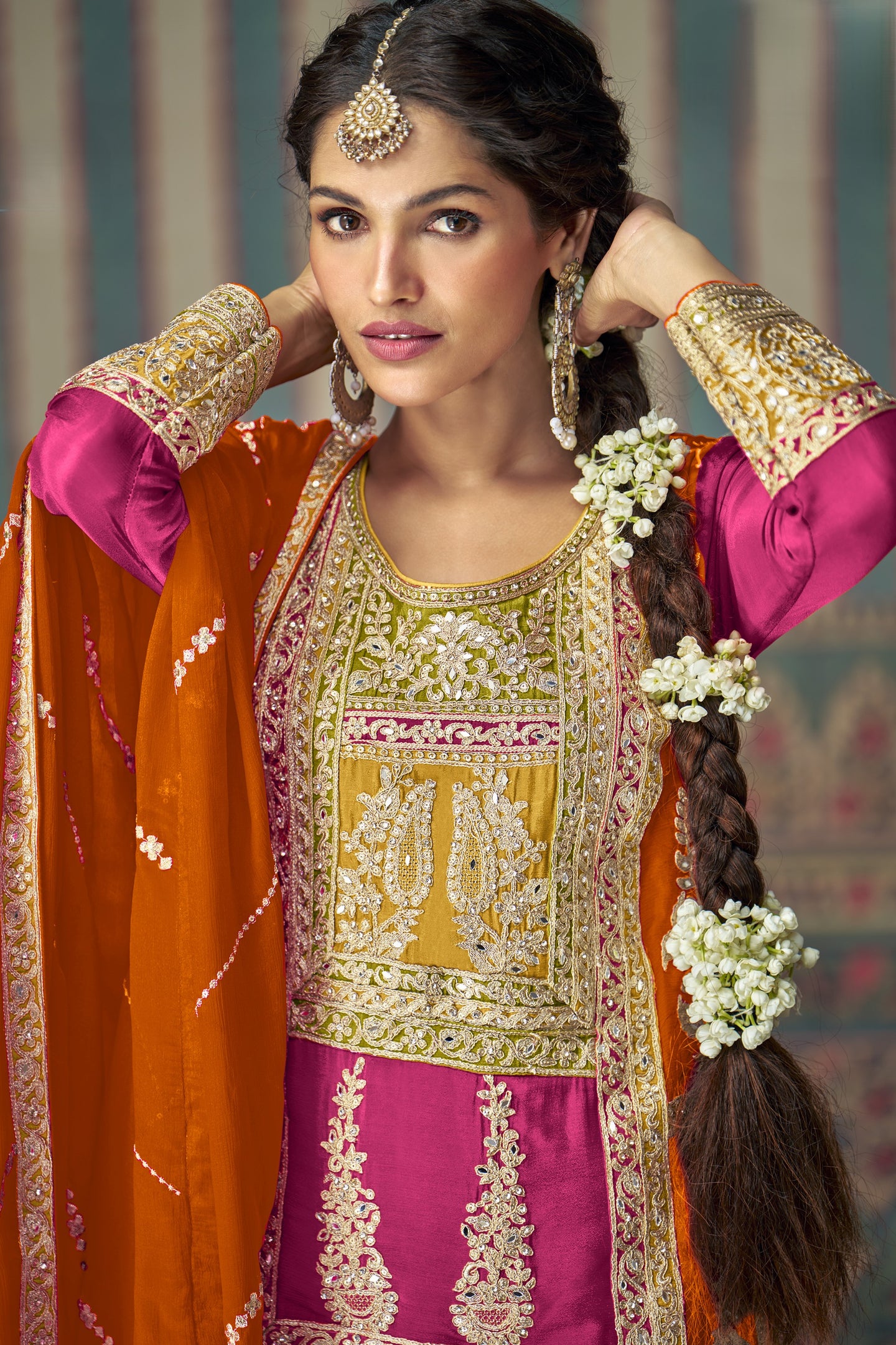 Pink Chinon Silk Sharara Kameez Suit for Pakistani & Indian Festival - Embroidery Work, Mirror Work