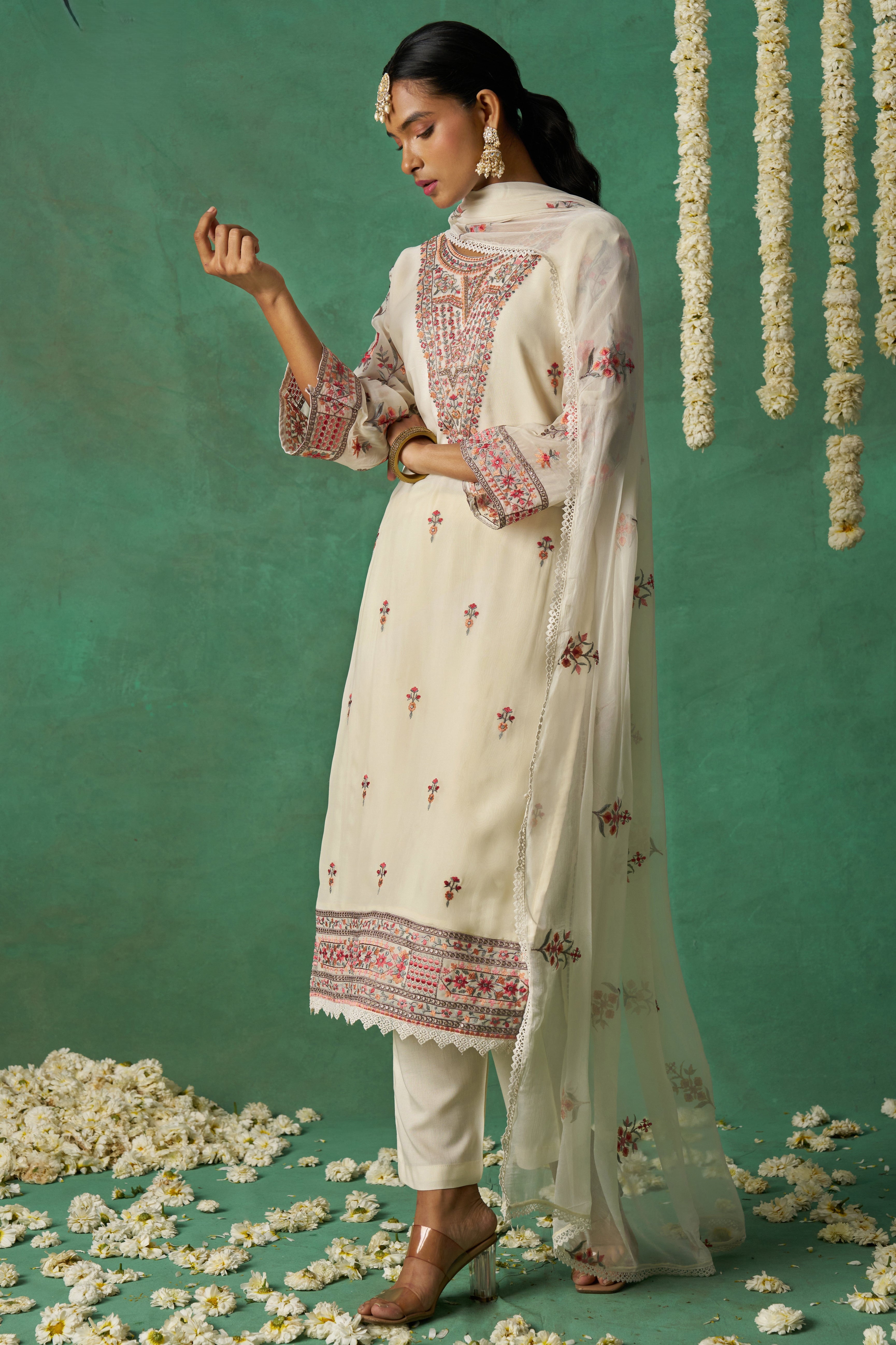 White Organza Kameez with Pant & Chiffon Dupatta For Ladies Indian Festivals & Weddings - Thread Embroidery Work
