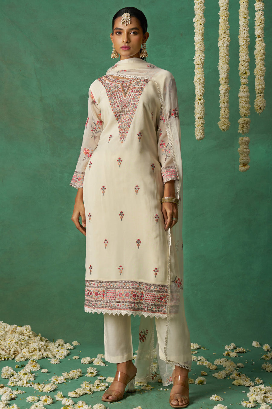 White Organza Kameez with Pant & Chiffon Dupatta For Ladies Indian Festivals & Weddings - Thread Embroidery Work