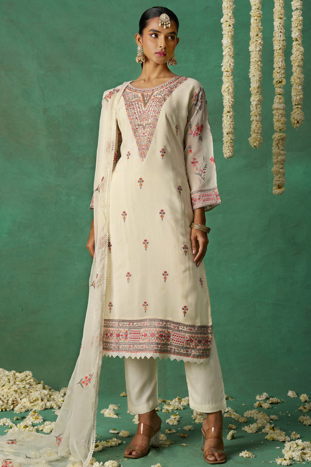 White Organza Kameez with Pant & Chiffon Dupatta For Ladies Indian Festivals & Weddings - Thread Embroidery Work