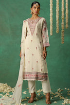 White Organza Kameez with Pant & Chiffon Dupatta For Ladies Indian Festivals & Weddings - Thread Embroidery Work