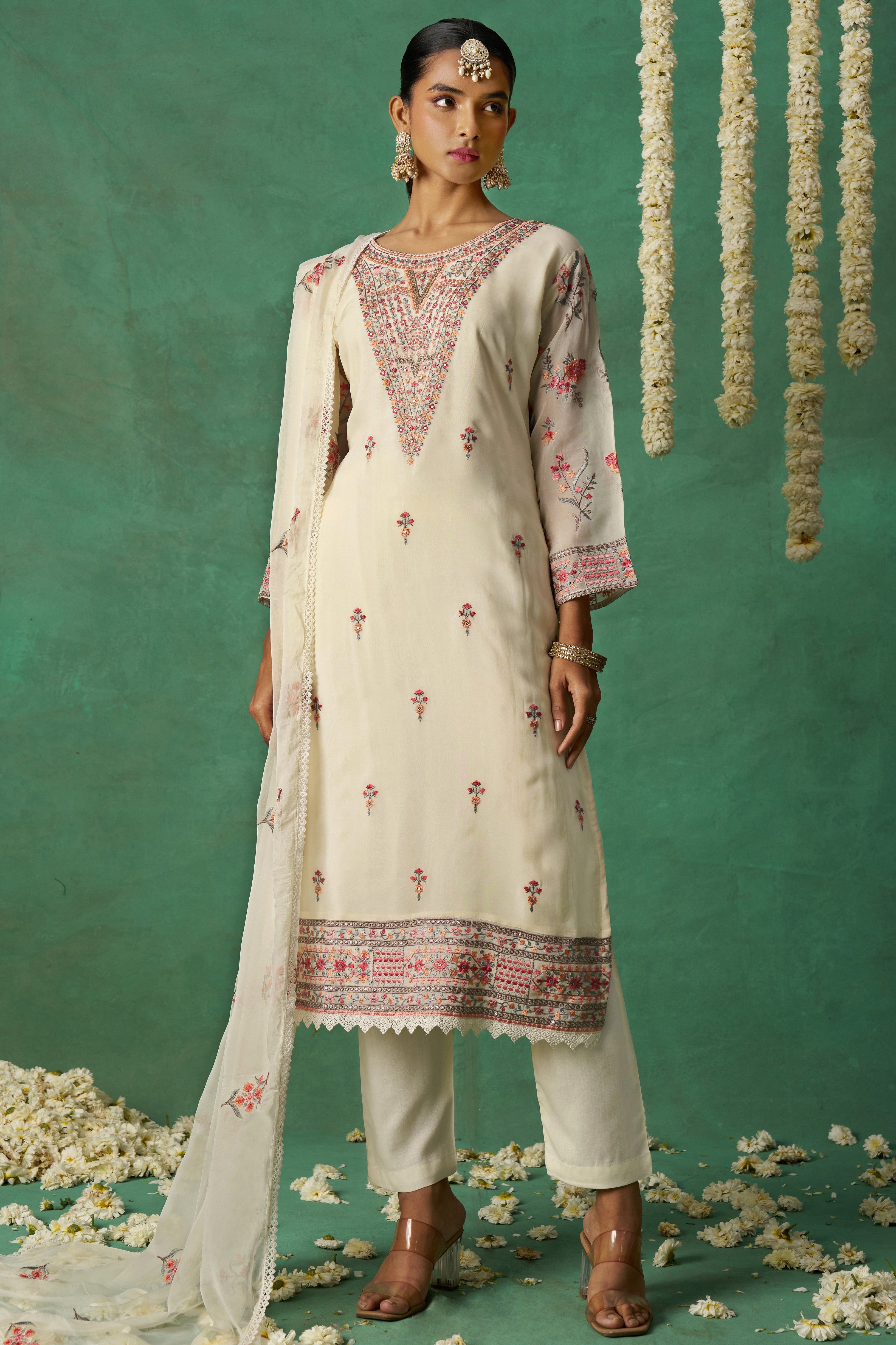 White Organza Kameez with Pant & Chiffon Dupatta For Ladies Indian Festivals & Weddings - Thread Embroidery Work