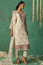 White Organza Kameez with Pant & Chiffon Dupatta For Ladies Indian Festivals & Weddings - Thread Embroidery Work