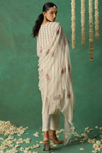 White Organza Kameez with Pant & Chiffon Dupatta For Ladies Indian Festivals & Weddings - Thread Embroidery Work