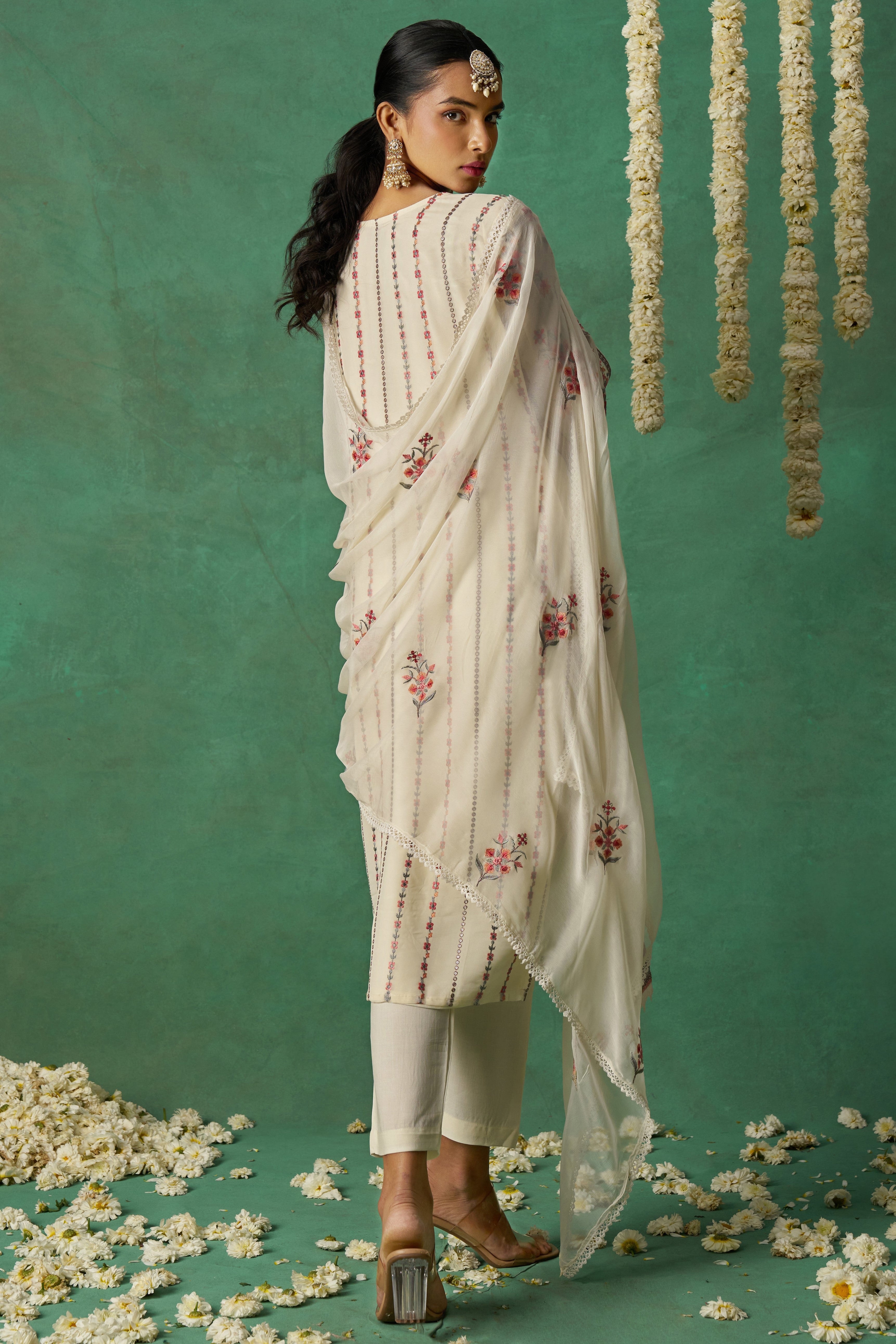 White Organza Kameez with Pant & Chiffon Dupatta For Ladies Indian Festivals & Weddings - Thread Embroidery Work