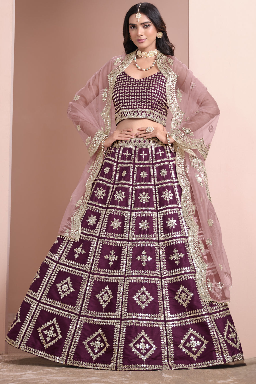 Maroon Art Silk Lehenga Choli For Indian Festivals & Pakistani Weddings Dress - Embroidery Work