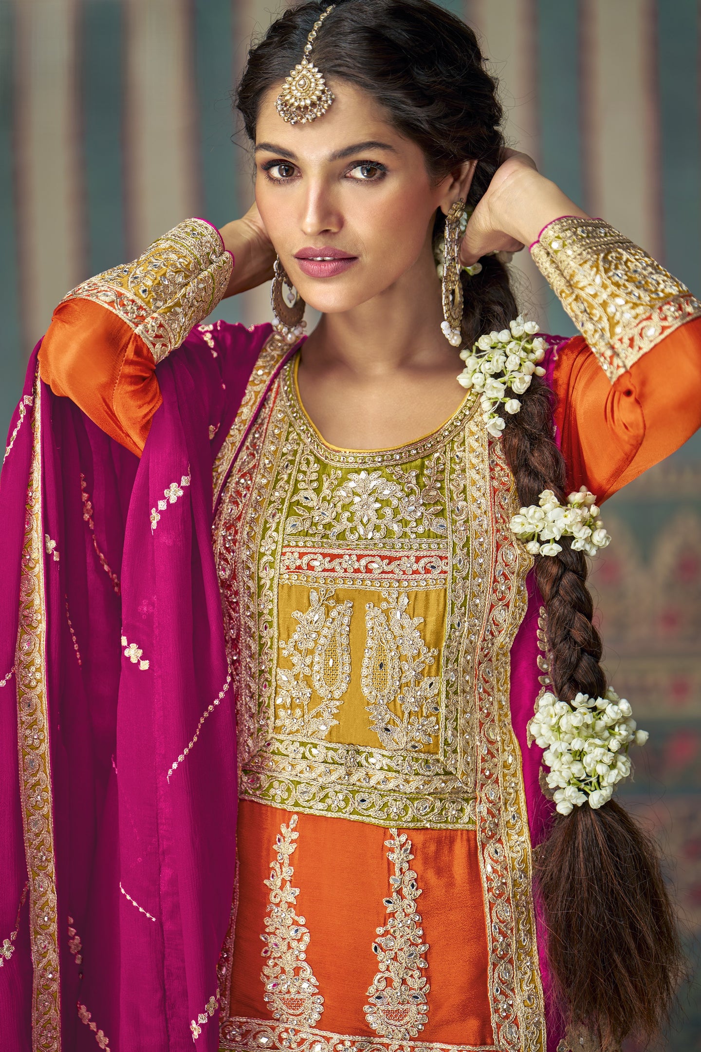 Orange Chinon Silk Sharara Kameez Suit for Pakistani & Indian Festival - Embroidery Work, Mirror Work