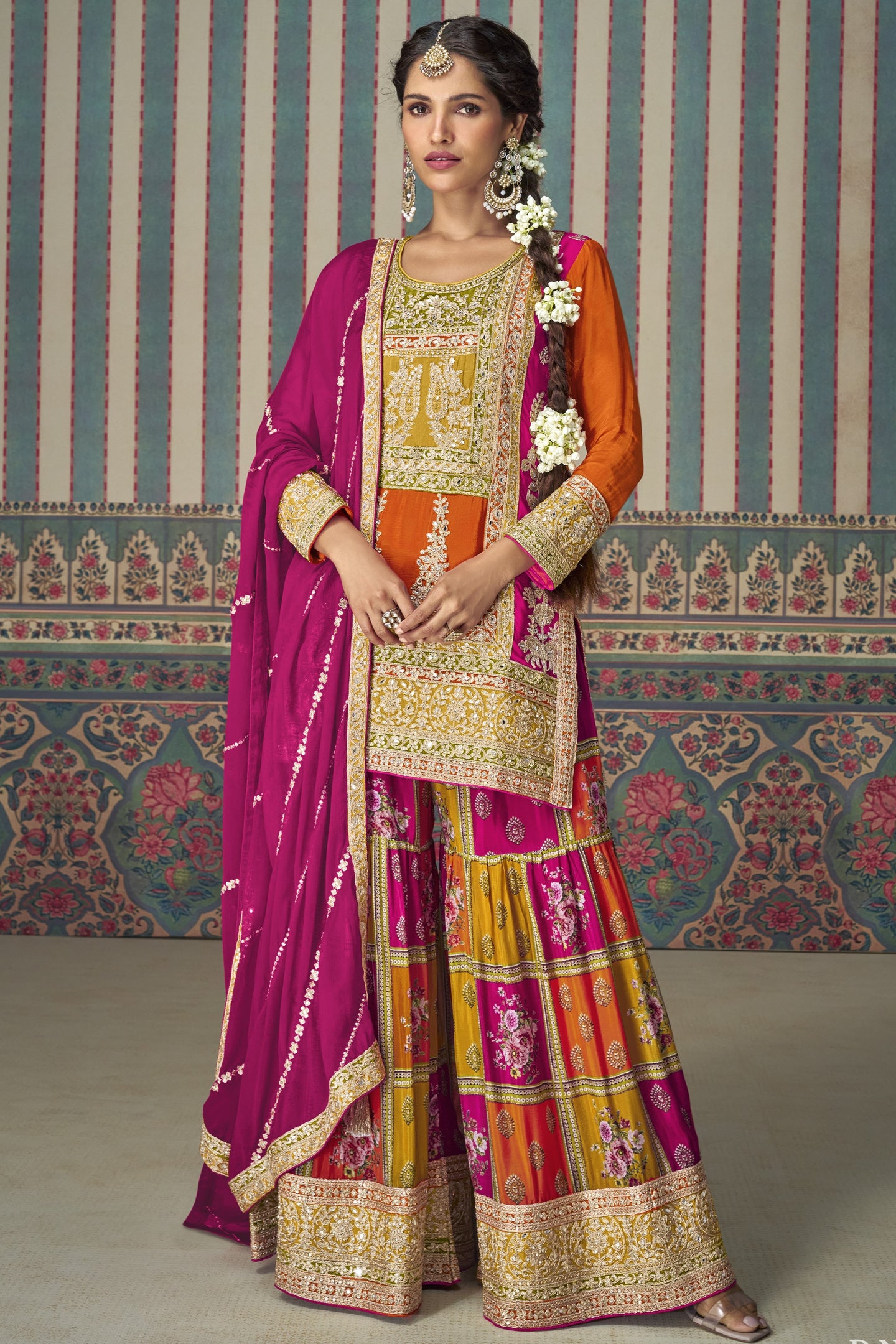 Orange Chinon Silk Sharara Kameez Suit for Pakistani & Indian Festival - Embroidery Work, Mirror Work