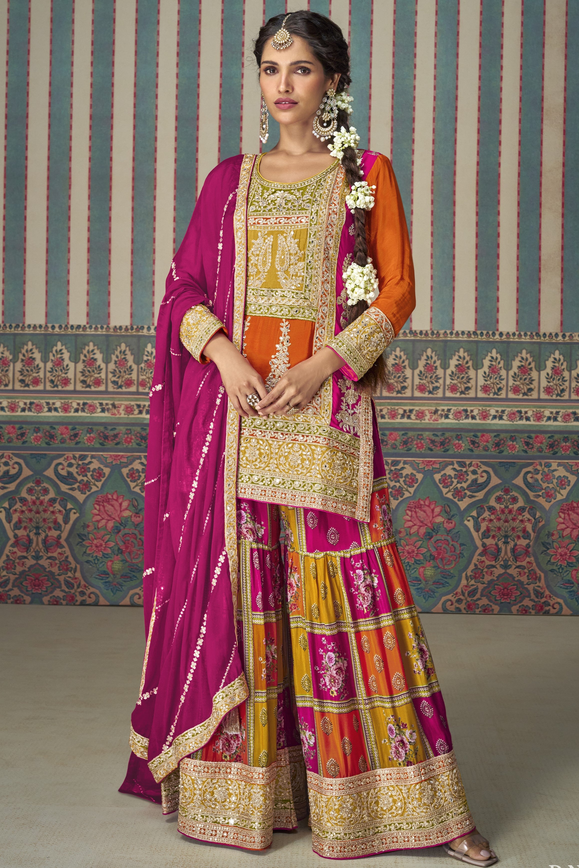 Orange Chinon Silk Sharara Kameez Suit for Pakistani & Indian Festival - Embroidery Work, Mirror Work