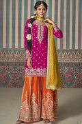 Pink Chinon Silk Plazo Suit For Indian Weddings & Pakistani Festival - Embroidery Work, Mirror Work
