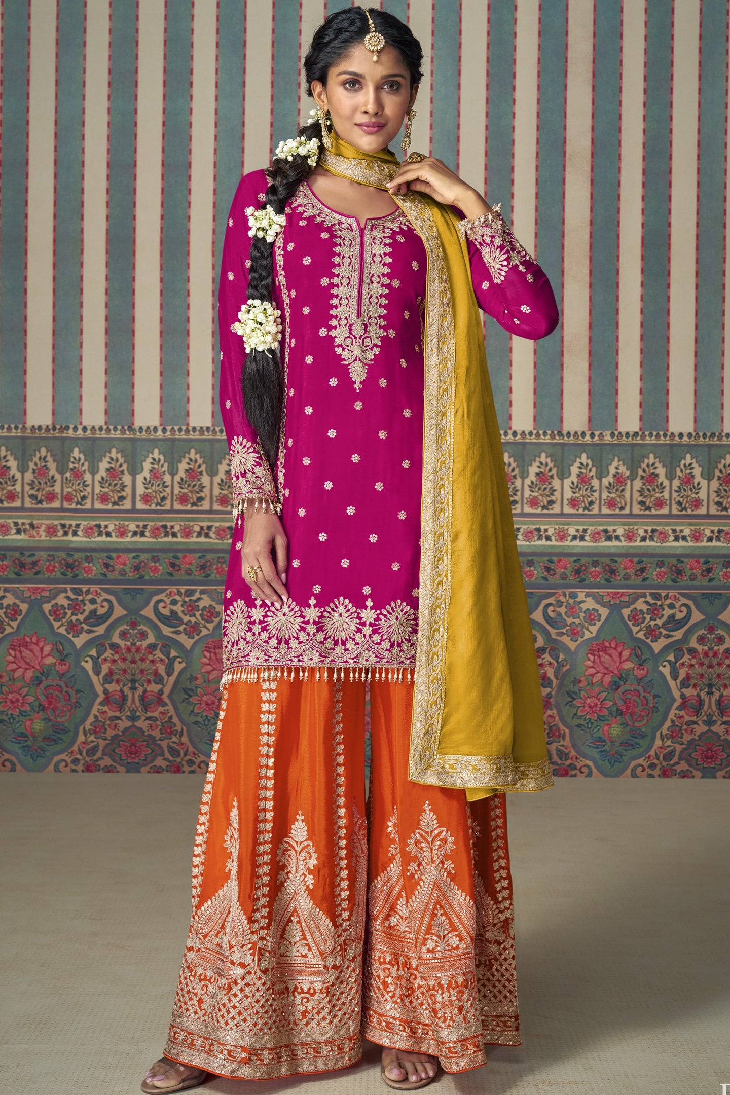 Pink Chinon Silk Plazo Suit For Indian Weddings & Pakistani Festival - Embroidery Work, Mirror Work