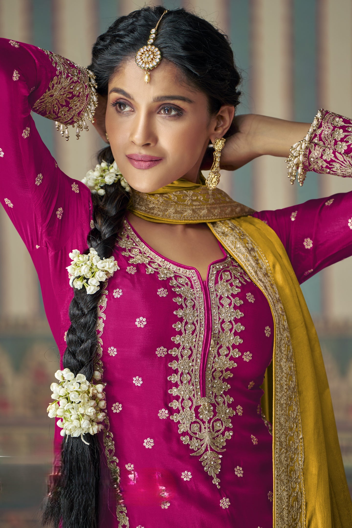 Pink Chinon Silk Plazo Suit For Indian Weddings & Pakistani Festival - Embroidery Work, Mirror Work