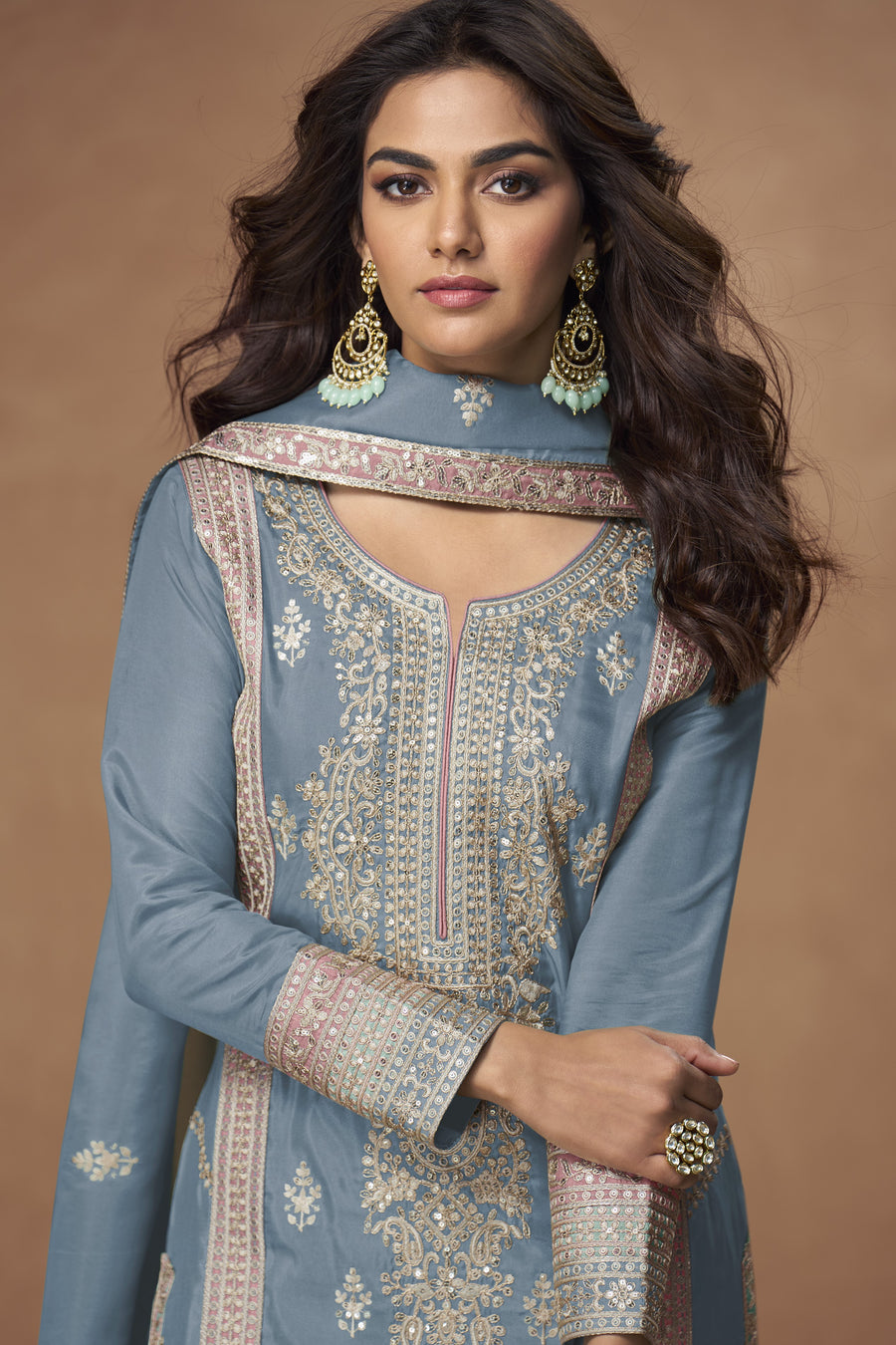 Light Gray Simmer Silk Kameez with Pant For Indian Festivals & Weddings - Embroidery Work