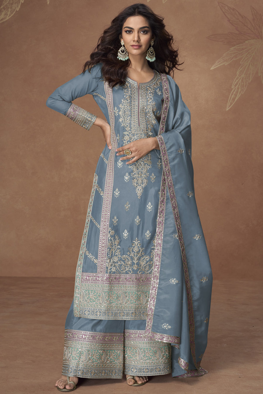 Light Gray Simmer Silk Kameez with Pant For Indian Festivals & Weddings - Embroidery Work