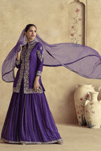 Dark Purple Chinon Silk Plazo Suit For Indian Weddings & Pakistani Festival - Embroidery Work