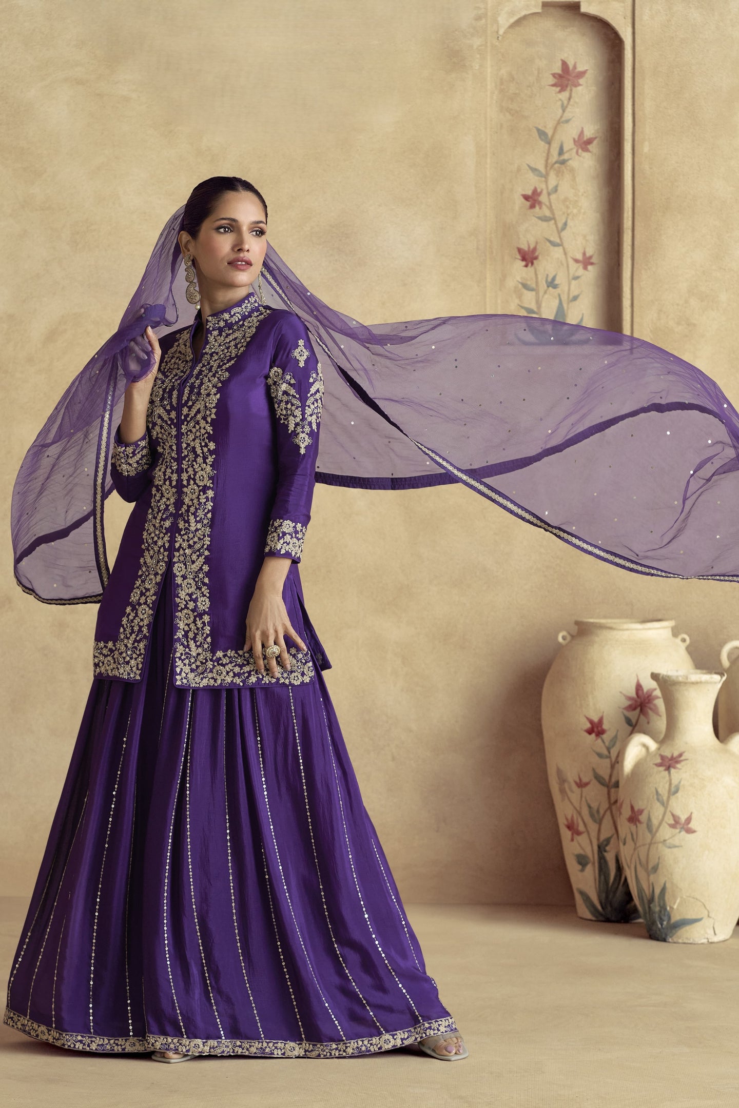 Dark Purple Chinon Silk Plazo Suit For Indian Weddings & Pakistani Festival - Embroidery Work
