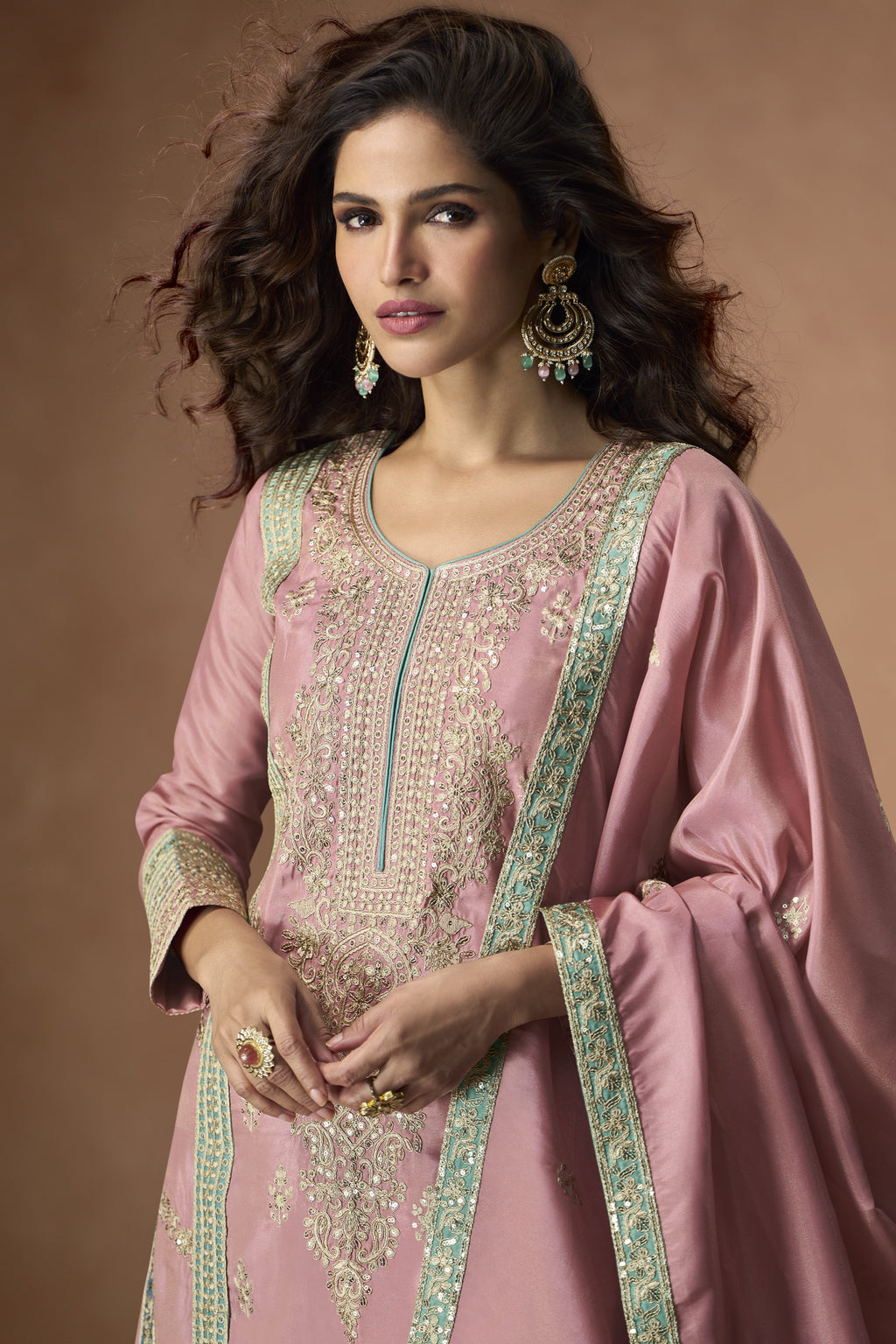 Dusty Pink Simmer Silk Kameez with Pant For Indian Festivals & Weddings - Embroidery Work