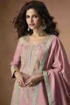 Dusty Pink Simmer Silk Kameez with Pant For Indian Festivals & Weddings - Embroidery Work