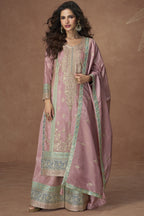 Dusty Pink Simmer Silk Kameez with Pant For Indian Festivals & Weddings - Embroidery Work