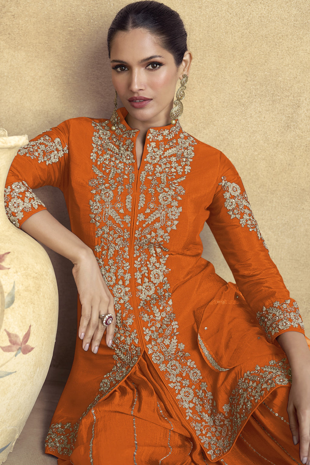 Orange Chinon Silk Plazo Suit For Indian Weddings & Pakistani Festival - Embroidery Work