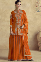 Orange Chinon Silk Plazo Suit For Indian Weddings & Pakistani Festival - Embroidery Work
