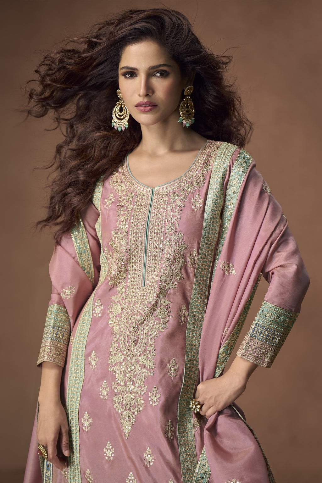 Dusty Pink Simmer Silk Kameez with Pant For Indian Festivals & Weddings - Embroidery Work