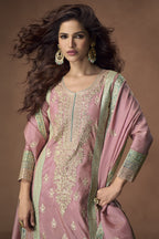 Dusty Pink Simmer Silk Kameez with Pant For Indian Festivals & Weddings - Embroidery Work