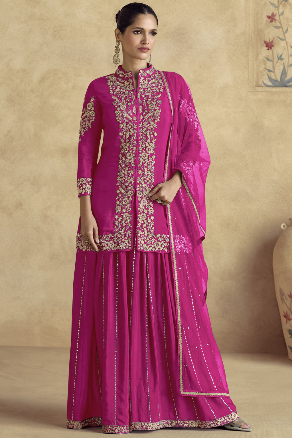 Dark Pink Chinon Silk Plazo Suit For Indian Weddings & Pakistani Festival - Embroidery Work