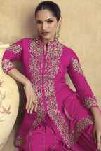 Dark Pink Chinon Silk Plazo Suit For Indian Weddings & Pakistani Festival - Embroidery Work