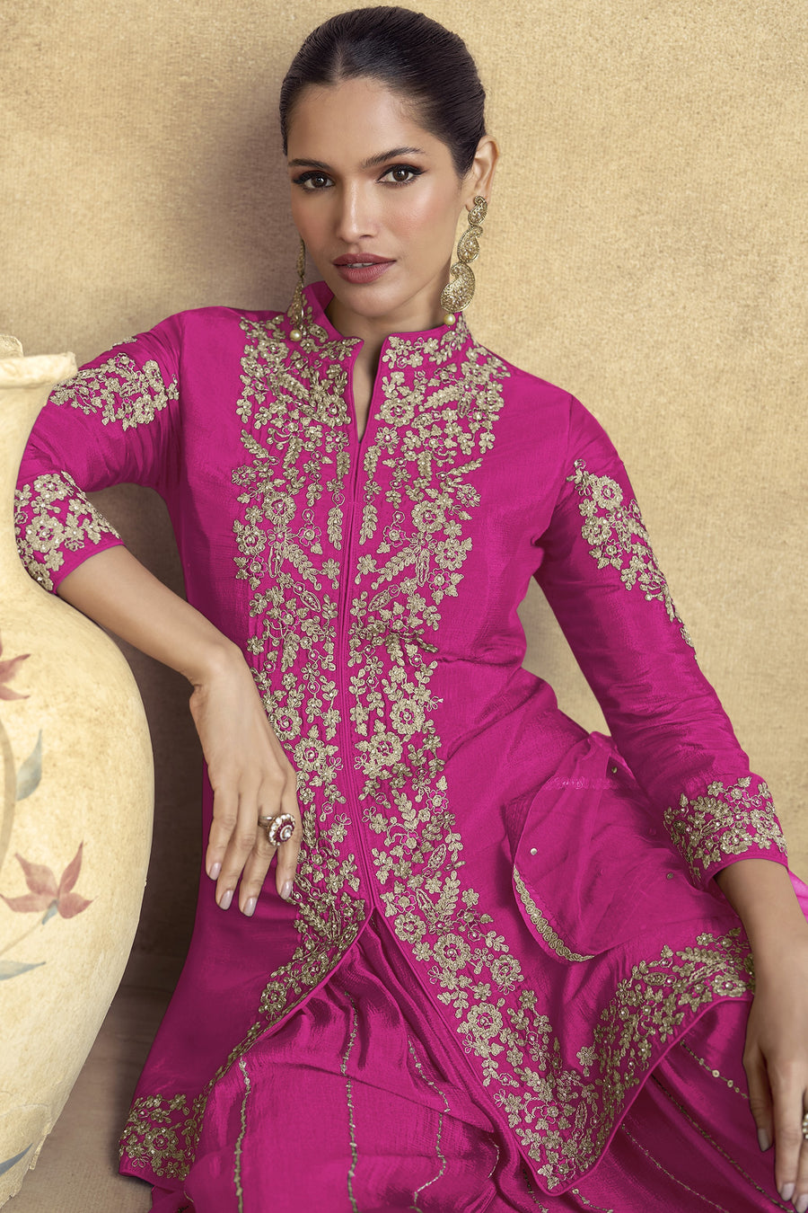Dark Pink Chinon Silk Plazo Suit For Indian Weddings & Pakistani Festival - Embroidery Work