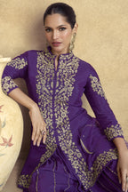 Dark Purple Chinon Silk Plazo Suit For Indian Weddings & Pakistani Festival - Embroidery Work