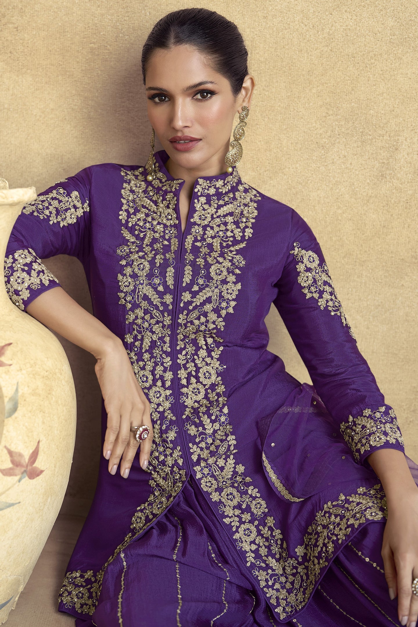 Dark Purple Chinon Silk Plazo Suit For Indian Weddings & Pakistani Festival - Embroidery Work