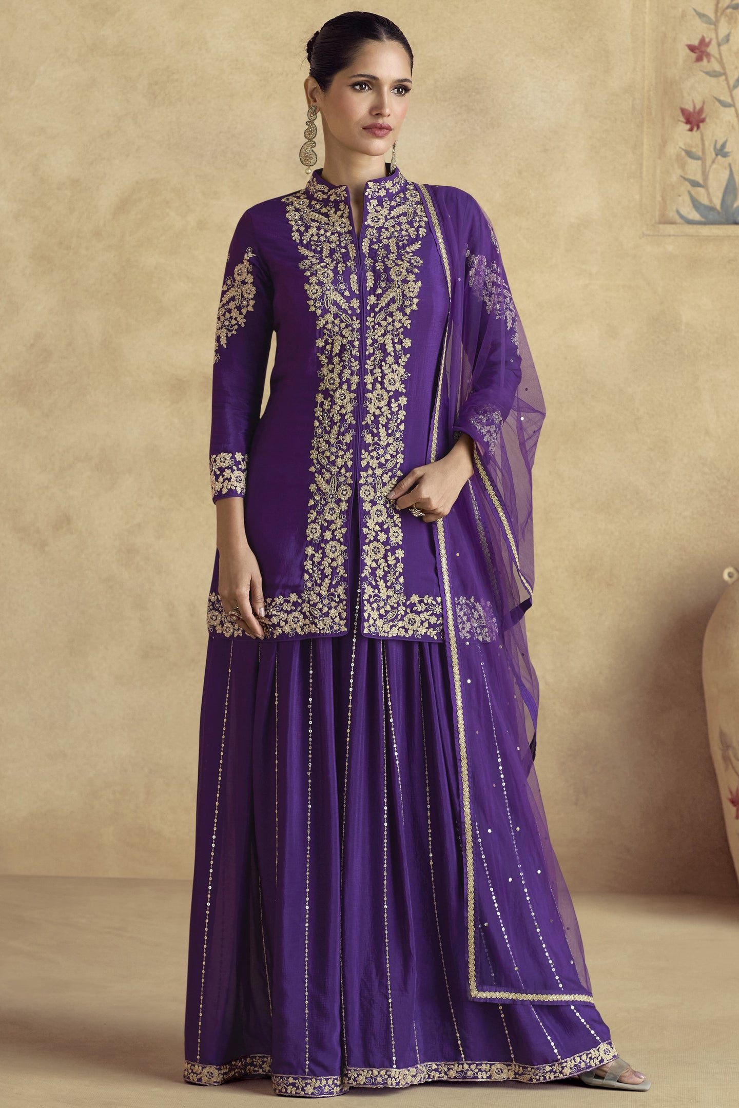 Dark Purple Chinon Silk Plazo Suit For Indian Weddings & Pakistani Festival - Embroidery Work