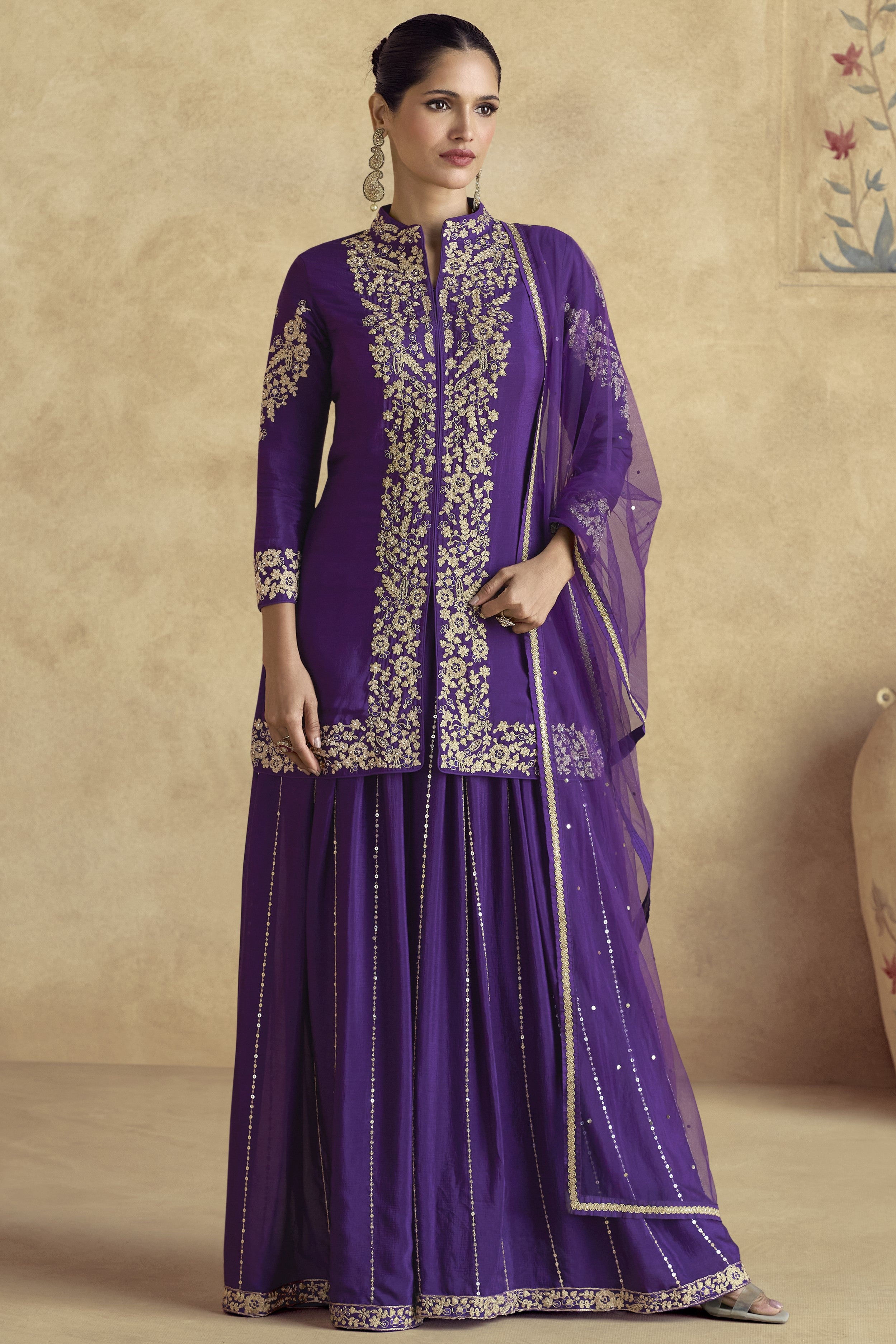 Dark Purple Chinon Silk Plazo Suit For Indian Weddings & Pakistani Festival - Embroidery Work