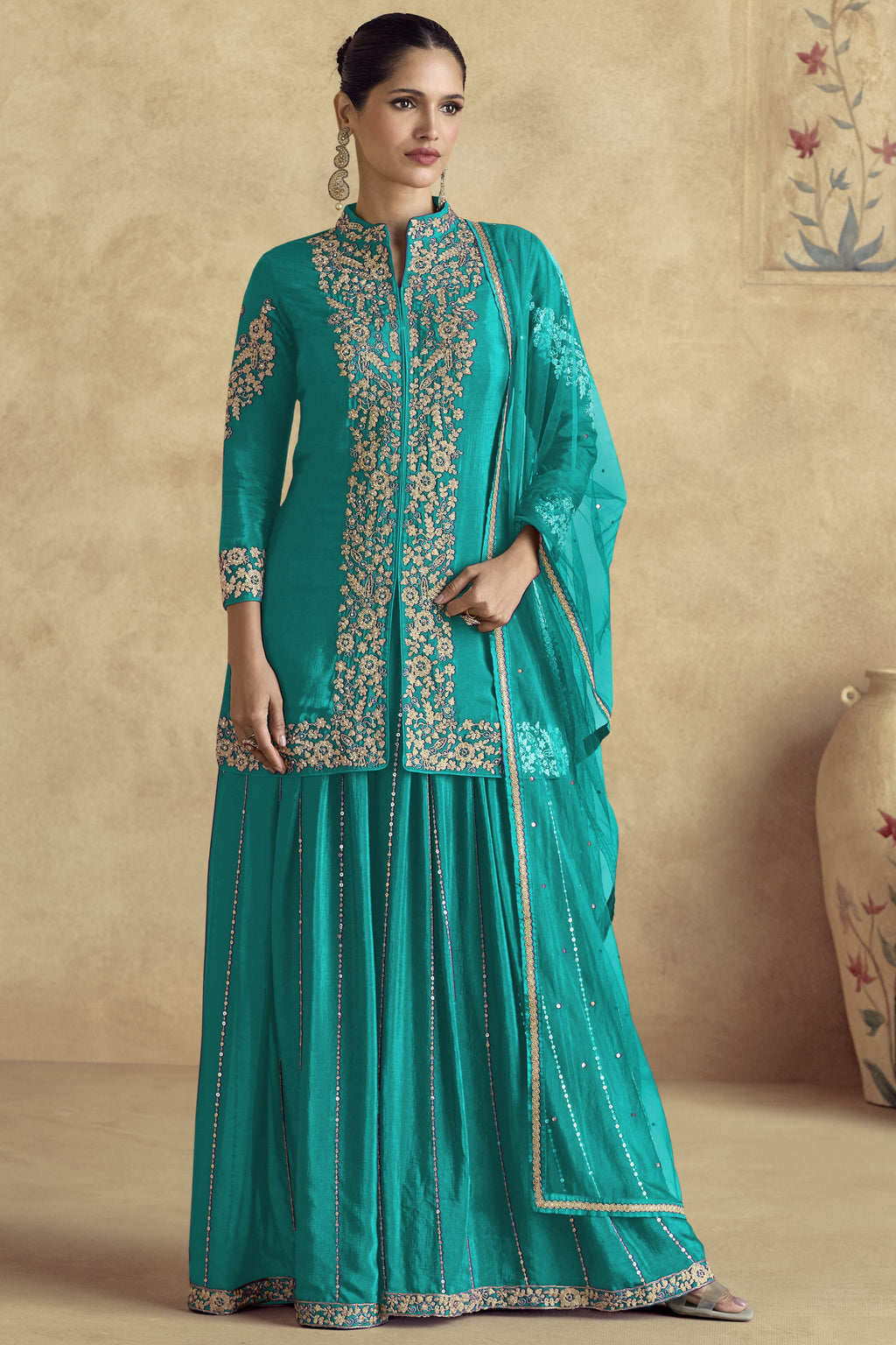 Cyan Chinon Silk Plazo Suit For Indian Weddings & Pakistani Festival - Embroidery Work