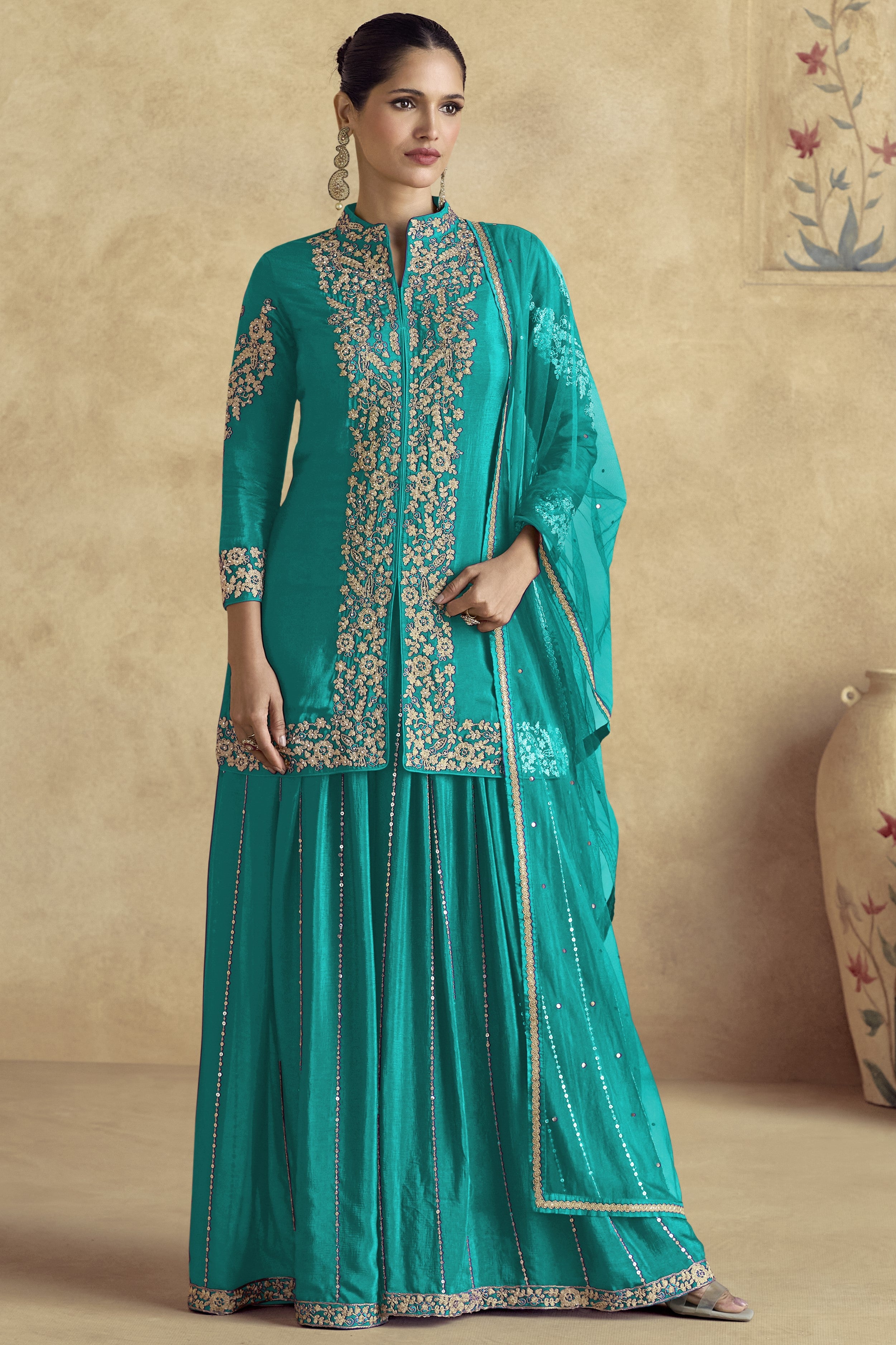 Cyan Chinon Silk Plazo Suit For Indian Weddings & Pakistani Festival - Embroidery Work