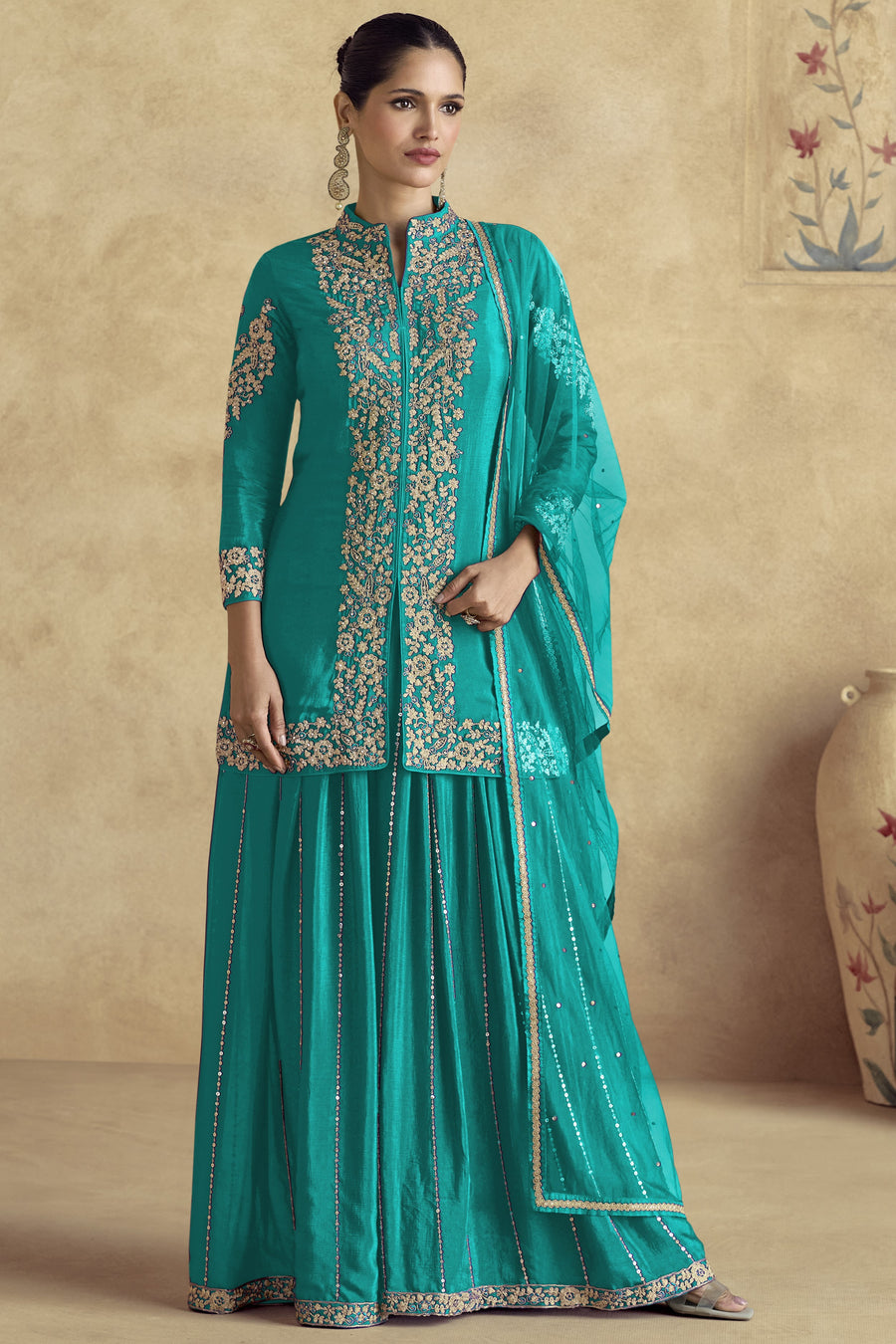 Cyan Chinon Silk Plazo Suit For Indian Weddings & Pakistani Festival - Embroidery Work