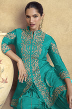 Cyan Chinon Silk Plazo Suit For Indian Weddings & Pakistani Festival - Embroidery Work