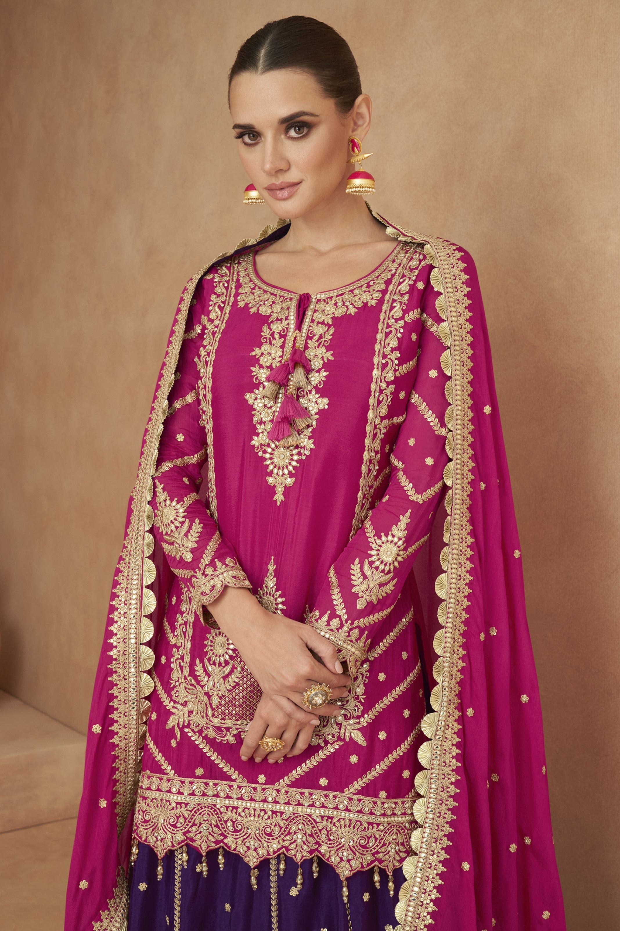 Pink Chinon Silk Kameez with Skirt For Indian Festivals & Weddings - Embroidery Work