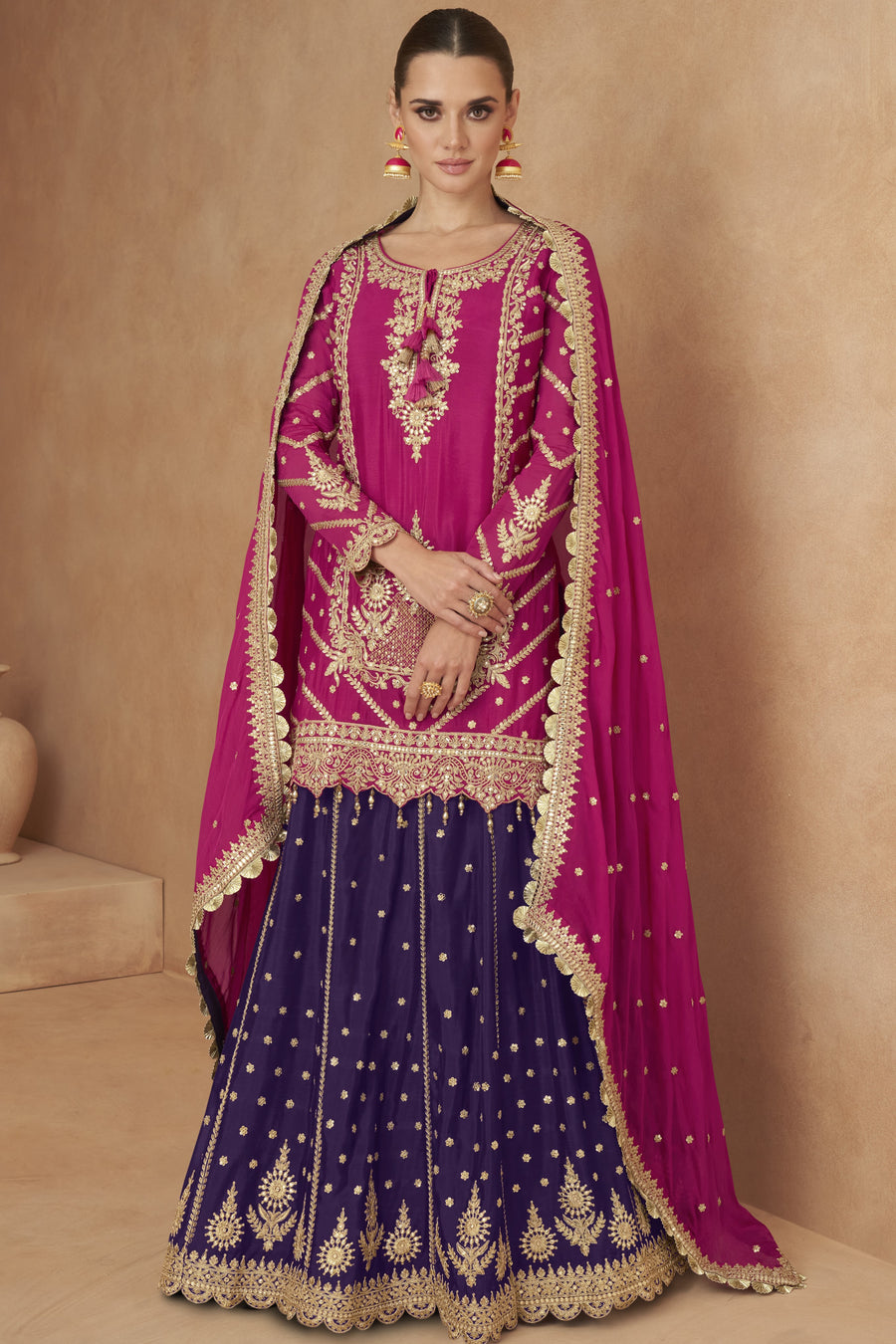 Pink Chinon Silk Kameez with Skirt For Indian Festivals & Weddings - Embroidery Work