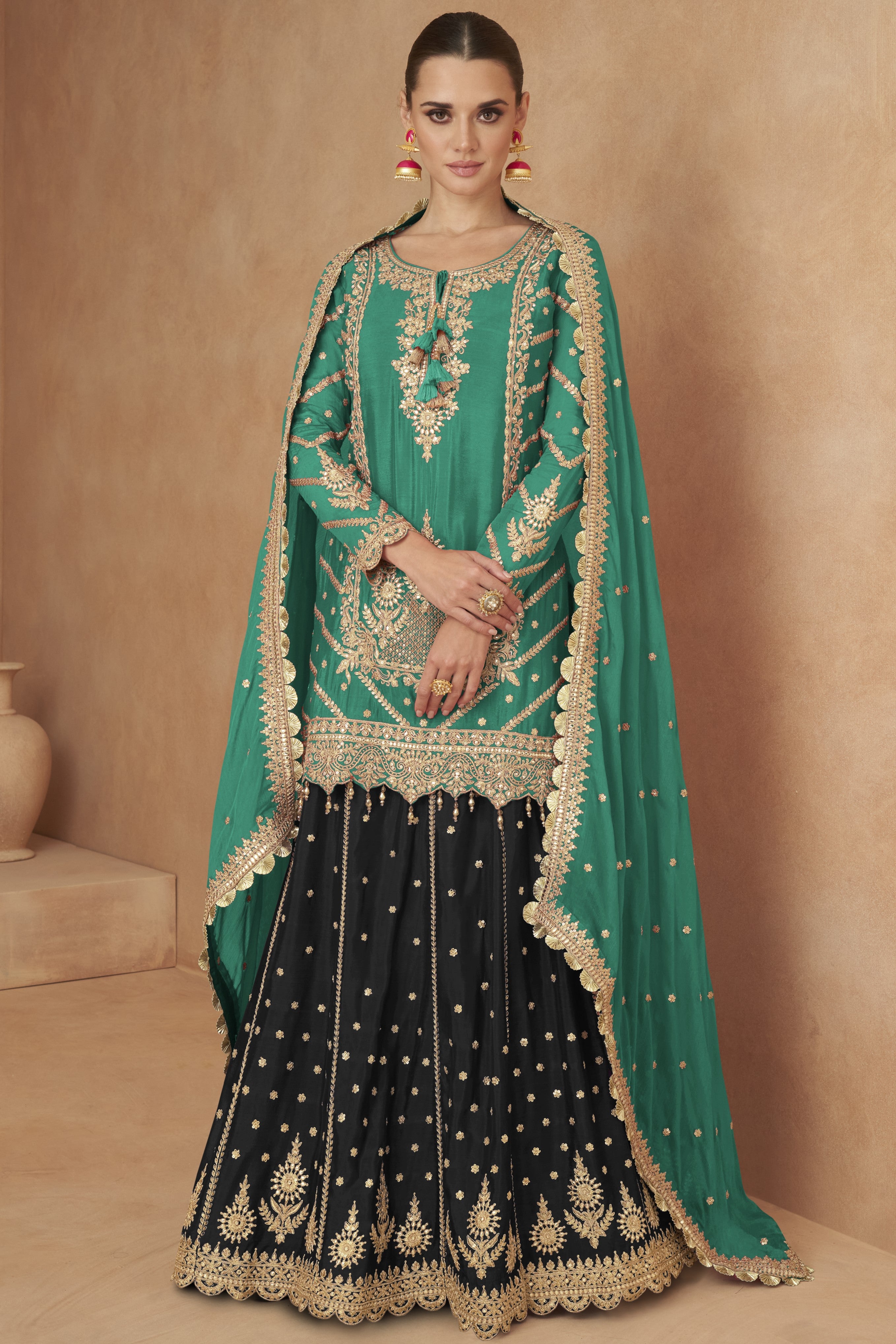 Green Chinon Silk Kameez with Skirt For Indian Festivals & Weddings - Embroidery Work