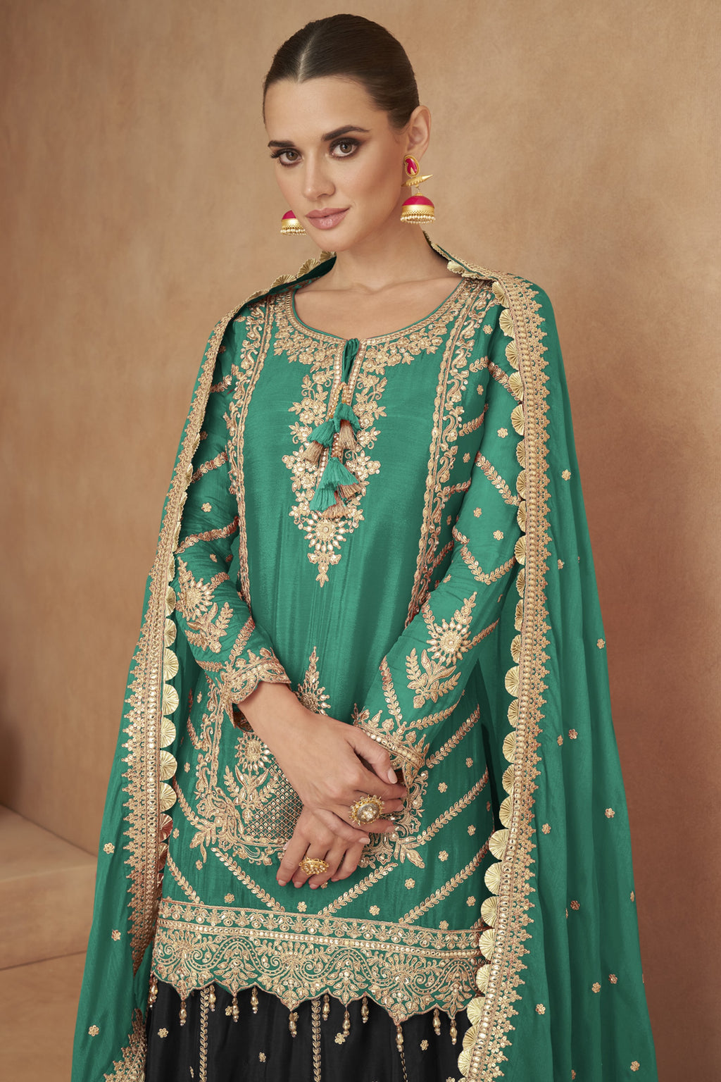Green Chinon Silk Kameez with Skirt For Indian Festivals & Weddings - Embroidery Work