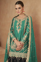 Green Chinon Silk Kameez with Skirt For Indian Festivals & Weddings - Embroidery Work