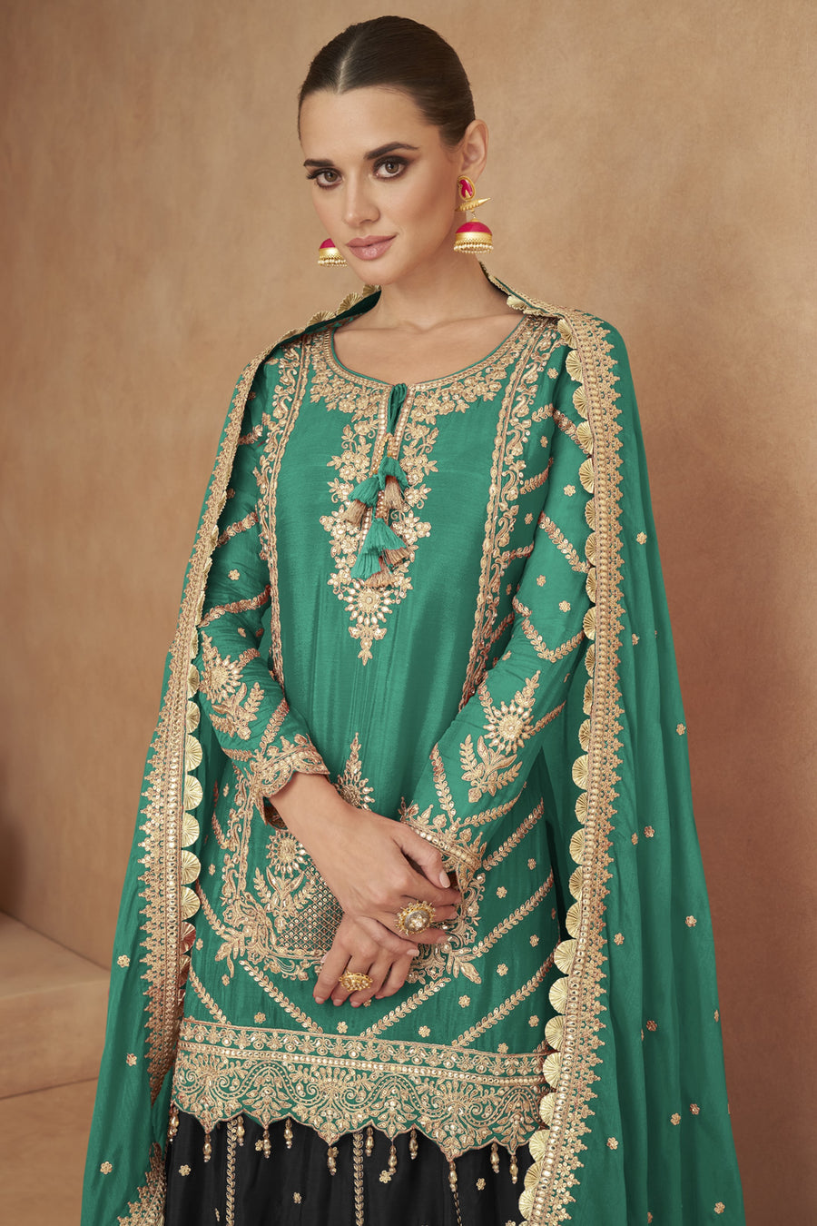 Green Chinon Silk Kameez with Skirt For Indian Festivals & Weddings - Embroidery Work