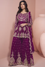 Dark Purple Georgette Palazzo Suit For Indian Wedding & Pakistani Festival - Embroidery Work