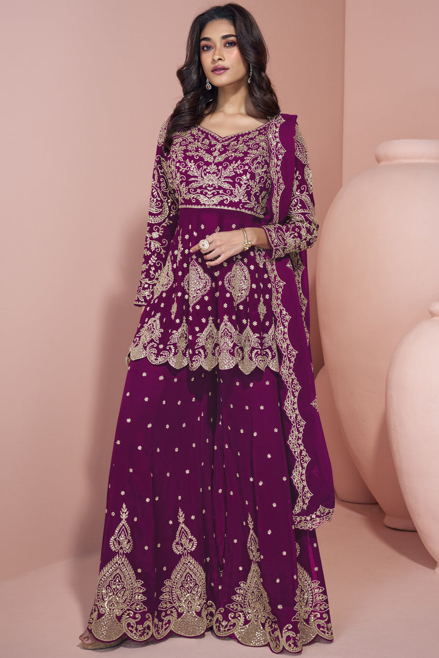 Dark Purple Georgette Palazzo Suit For Indian Wedding & Pakistani Festival - Embroidery Work