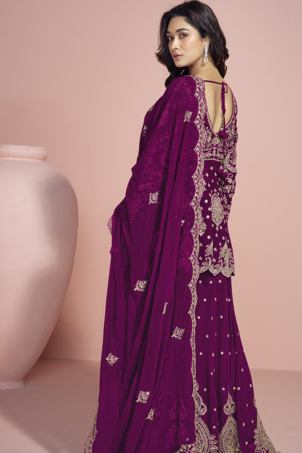 Dark Purple Georgette Palazzo Suit For Indian Wedding & Pakistani Festival - Embroidery Work