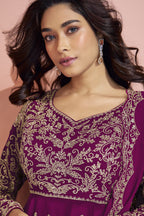 Dark Purple Georgette Palazzo Suit For Indian Wedding & Pakistani Festival - Embroidery Work