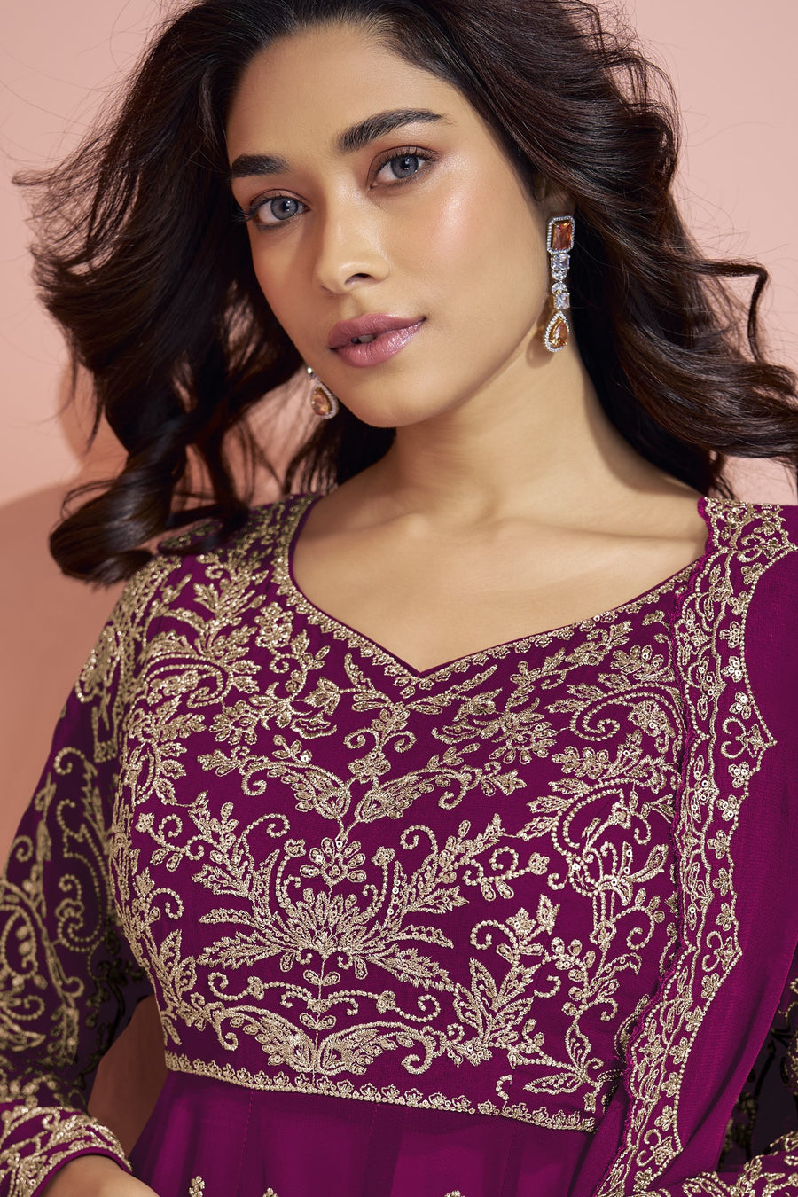 Dark Purple Georgette Palazzo Suit For Indian Wedding & Pakistani Festival - Embroidery Work