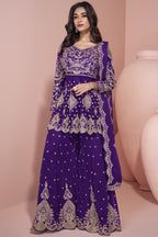 Dark Blue Georgette Palazzo Suit For Indian Wedding & Pakistani Festival - Embroidery Work